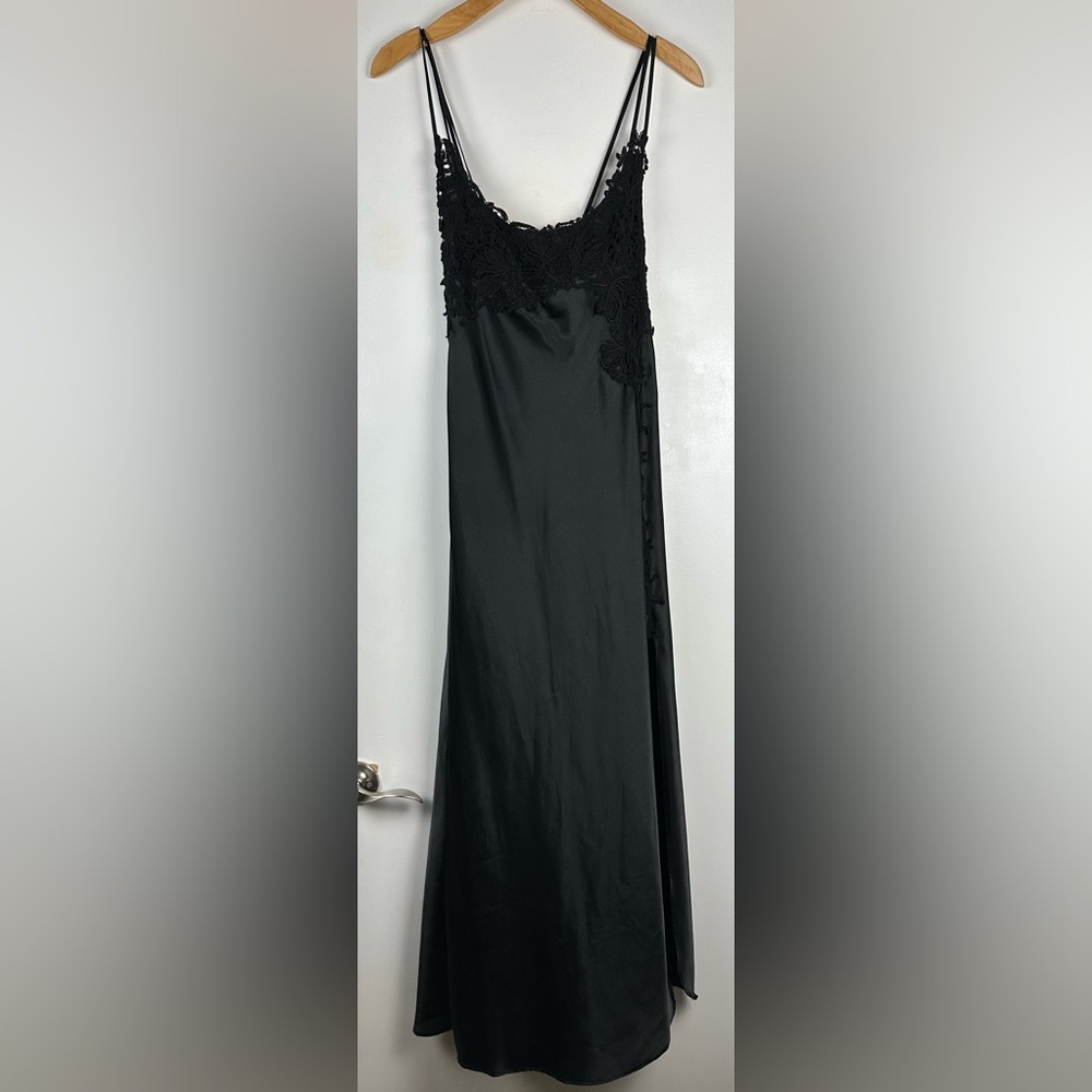 Flora Large Black Satin Lingerie Gown Lace Embroidery Slit Long Nightgown Sexy